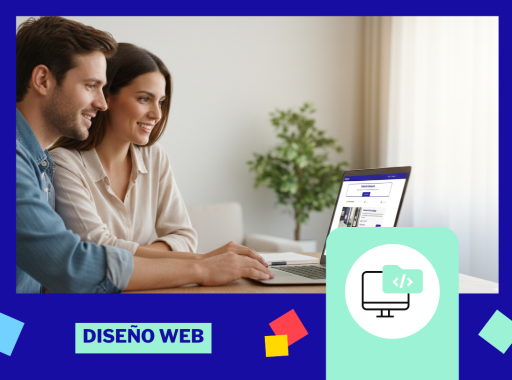 Una pareja de 35 años observando una portátil; en la misma se observa como está ingresando a la página web de un hotel para seleccionar sus vacaciones